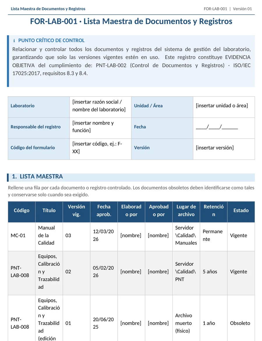 Fragmento real del archivo FOR-LAB-001 Lista Maestra de Documentos y Registros (Word)